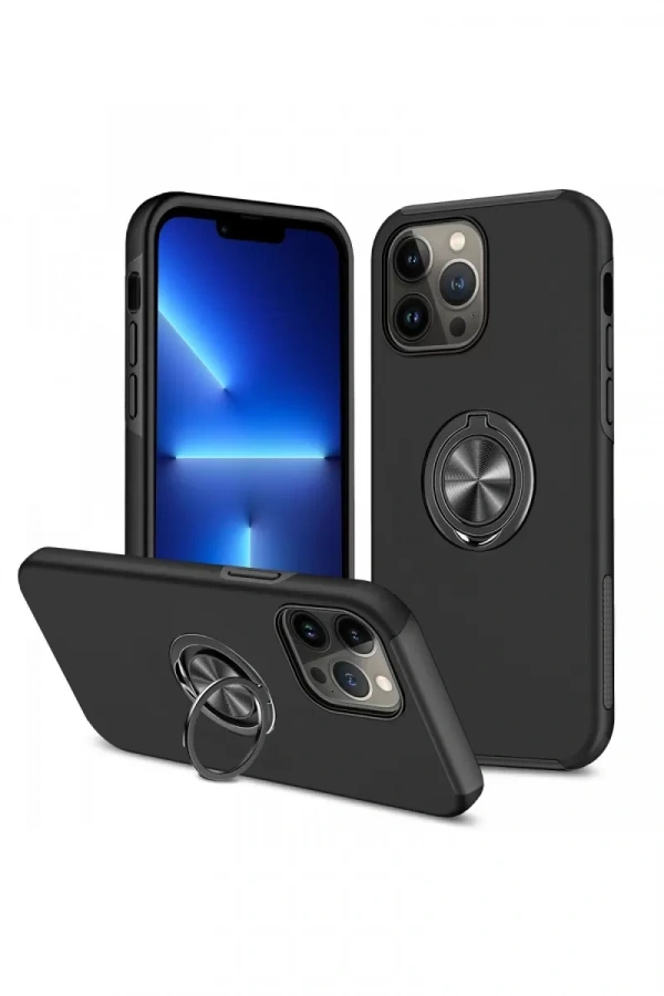 Apple iPhone 13 Pro Max Kılıf Elit Yüzüklü Kapak - Siyah