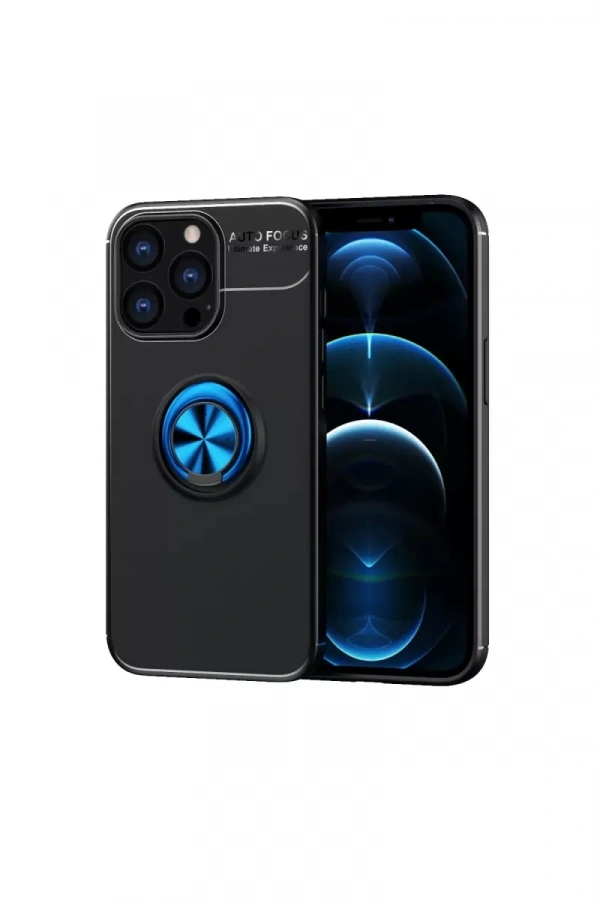 Apple iPhone 13 Pro Max Kılıf Range Yüzüklü Silikon - Siyah-Mavi