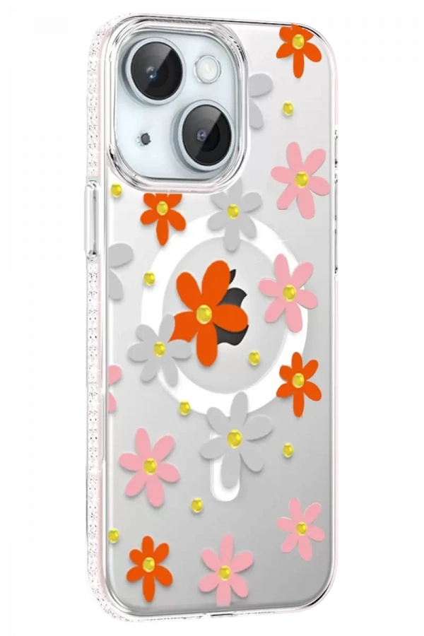 Apple iPhone 14 Floral Magsafe Kapak - Turuncu