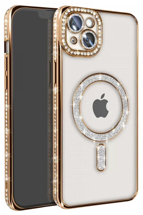 Apple iPhone 14 Kılıf Joke Simli Magneticsafe Kılıf - Gold