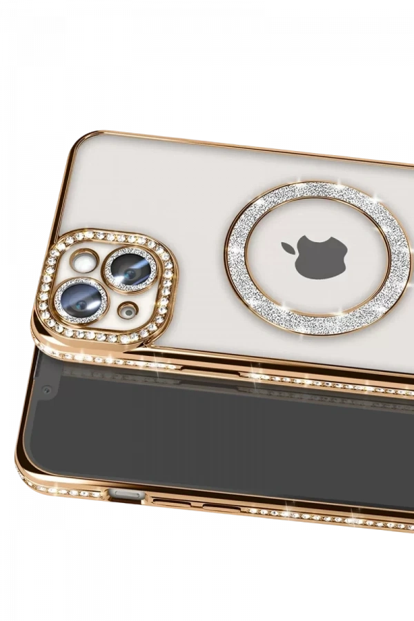 Apple iPhone 14 Kılıf Joke Simli Magneticsafe Kılıf - Gold