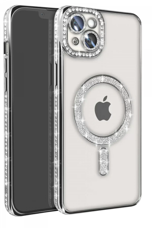 Apple iPhone 14 Kılıf Joke Simli Magneticsafe Kılıf - Gümüş