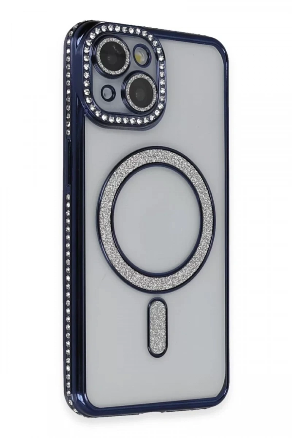Apple iPhone 14 Kılıf Joke Simli Magneticsafe Kılıf - Lacivert