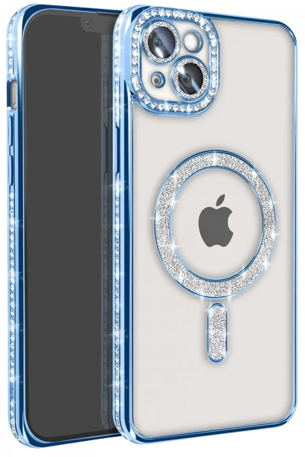 Apple iPhone 14 Kılıf Joke Simli Magneticsafe Kılıf - Mavi