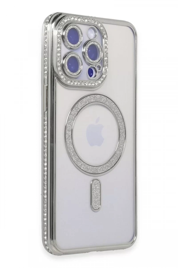 Apple iPhone 14 Pro Kılıf Joke Simli Magneticsafe Kılıf - Gümüş
