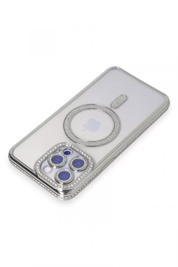 Apple iPhone 14 Pro Kılıf Joke Simli Magneticsafe Kılıf - Gümüş