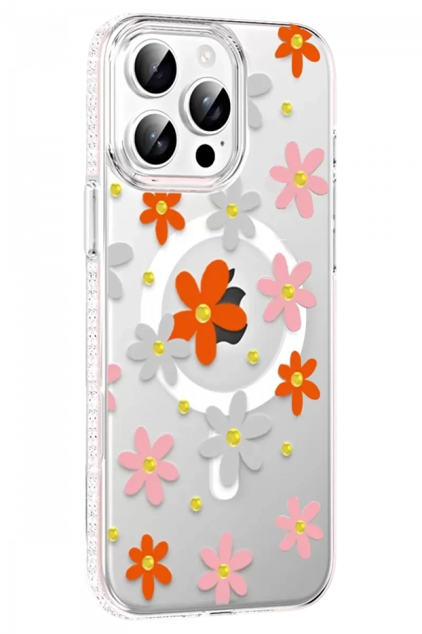 Apple iPhone 14 Pro Max Floral Magsafe Kapak - Turuncu