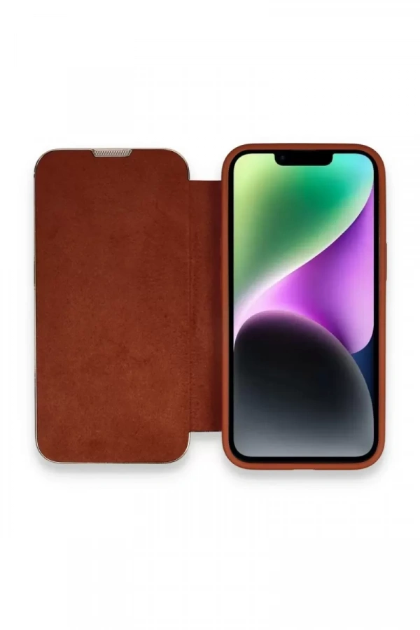 Apple iPhone 14 Pro Max Kılıf Dolpin Kapaklı - Kahverengi
