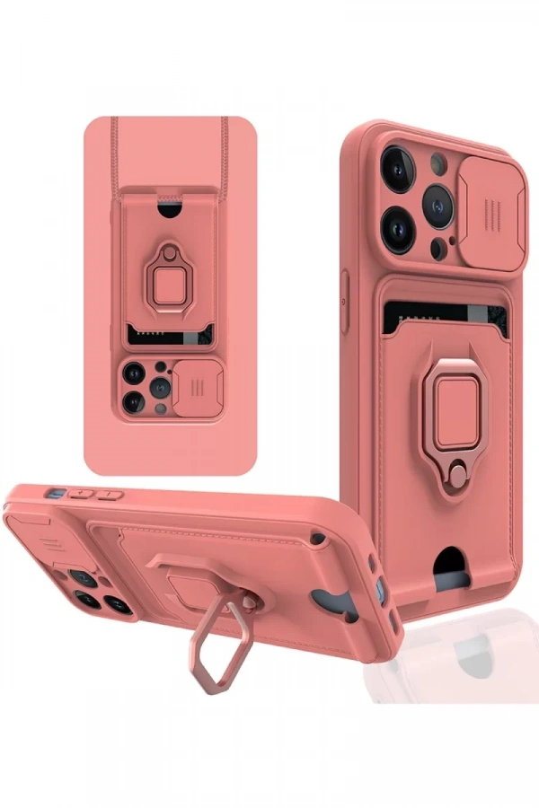 Apple iPhone 14 Pro Max Kılıf Zuma Kartvizitli Yüzüklü Silikon - Pembe