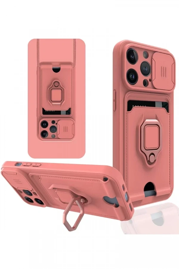 Apple iPhone 14 Pro Max Kılıf Zuma Kartvizitli Yüzüklü Silikon - Pembe