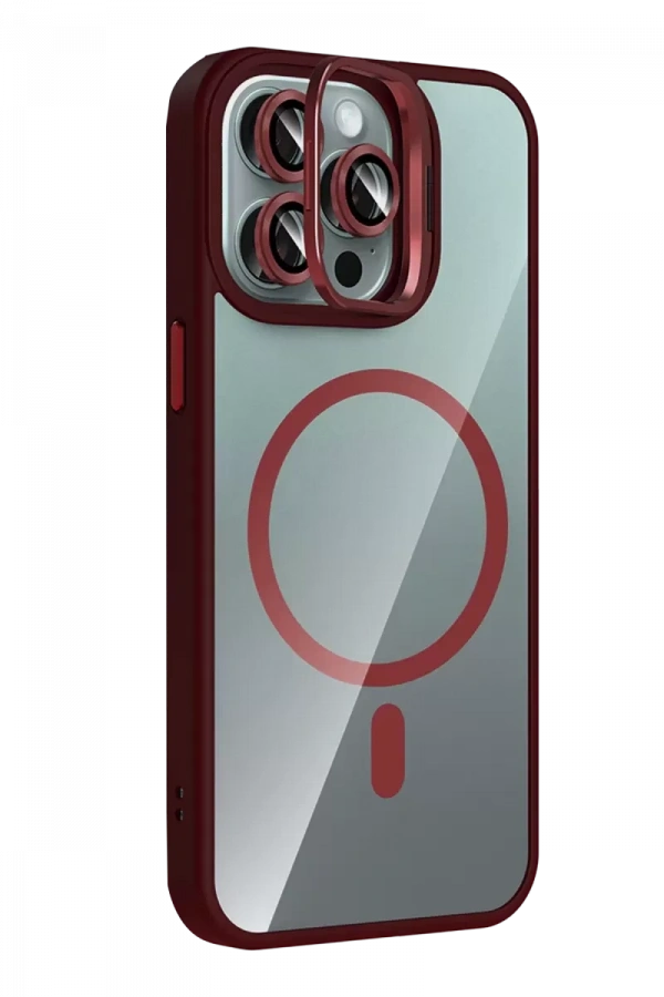 Apple iPhone 14 Pro Max Remim Lensli Magsafe Standlı Kapak - Bordo