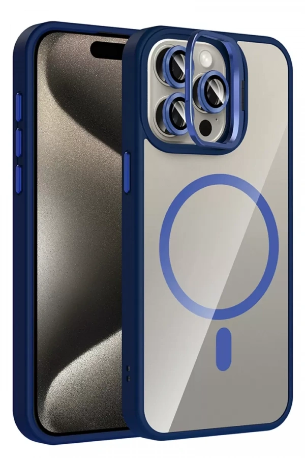 Apple iPhone 14 Pro Max Remim Lensli Magsafe Standlı Kapak - Lacivert
