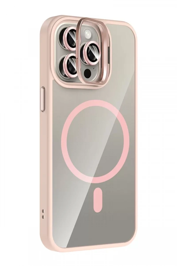Apple iPhone 14 Pro Max Remim Lensli Magsafe Standlı Kapak - Pembe
