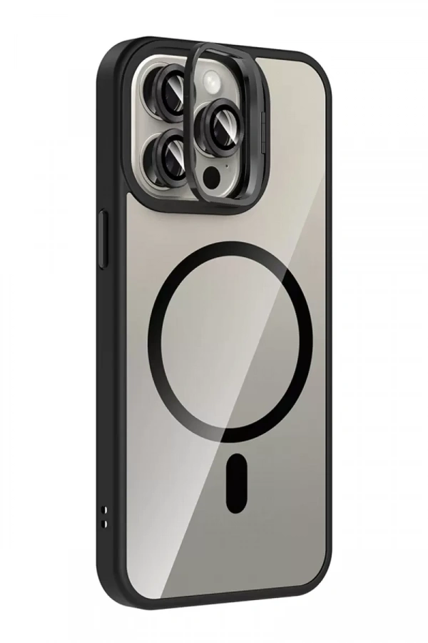 Apple iPhone 14 Pro Max Remim Lensli Magsafe Standlı Kapak - Siyah
