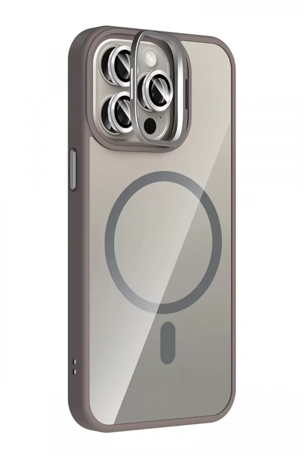 Apple iPhone 14 Pro Max Remim Lensli Magsafe Standlı Kapak - Titan Gri