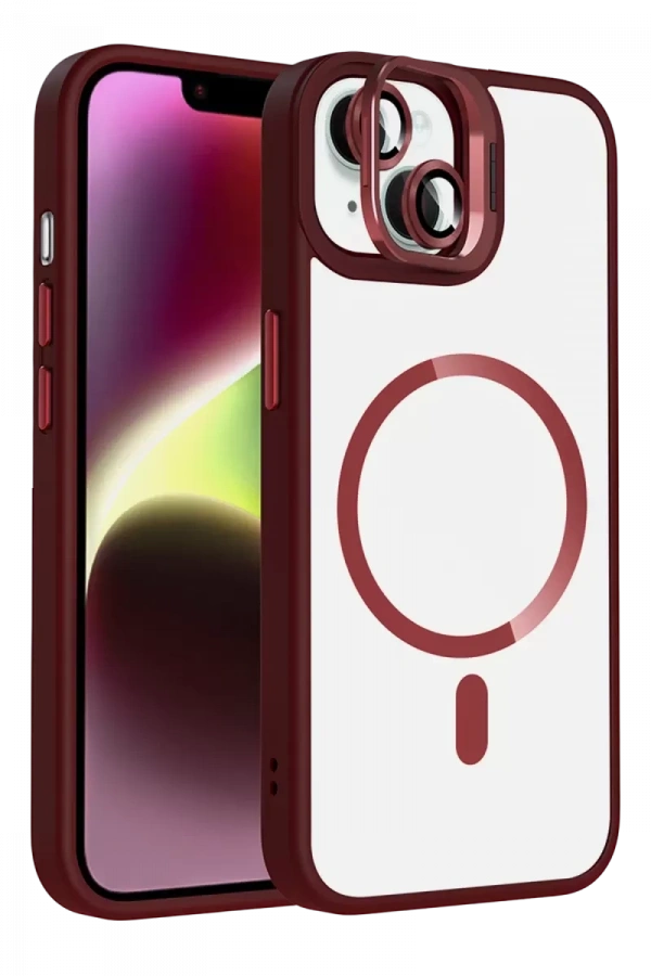 Apple iPhone 14 Remim Lensli Magsafe Standlı Kapak - Bordo
