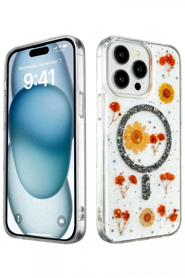 Apple iPhone 15 Pro Kılıf Daisy Simli Magsafe Kapak - Siyah