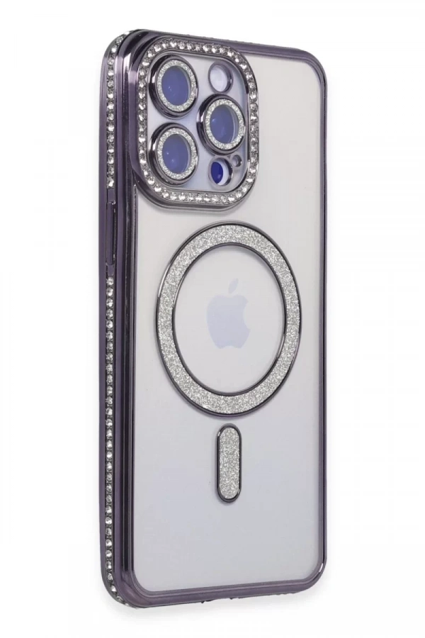 Apple iPhone 15 Pro Kılıf Joke Simli Magneticsafe Kılıf - Derin Mor