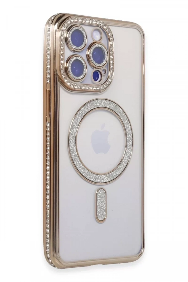 Apple iPhone 15 Pro Kılıf Joke Simli Magneticsafe Kılıf - Gold