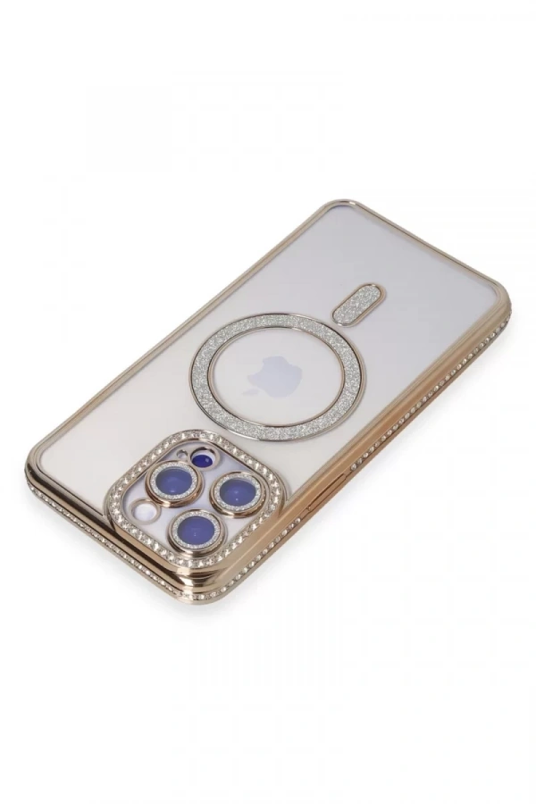 Apple iPhone 15 Pro Kılıf Joke Simli Magneticsafe Kılıf - Gold