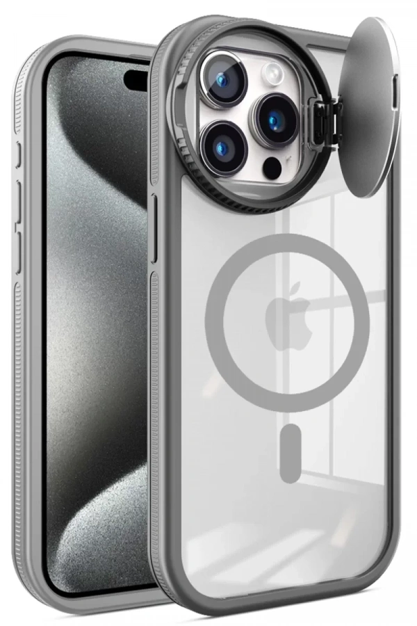 Apple iPhone 15 Pro Kılıf Teleskop Lens Magsafe Silikon Kapak - Titan Gri