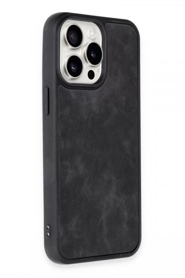 Apple iPhone 15 Pro Max Kılıf Aras Deri Kapak - Siyah