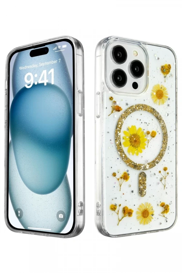 Apple iPhone 15 Pro Max Kılıf Daisy Simli Magsafe Kapak - Gold