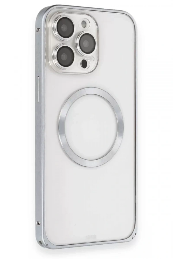 Apple iPhone 15 Pro Max Kılıf Metal Bumper Magneticsafe Kapak - Gri