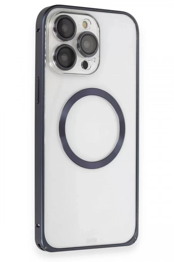 Apple iPhone 15 Pro Max Kılıf Metal Bumper Magneticsafe Kapak - Lacivert