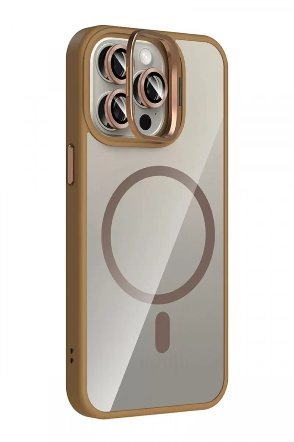 Apple iPhone 15 Pro Max Remim Lensli Magsafe Standlı Kapak - Kahverengi