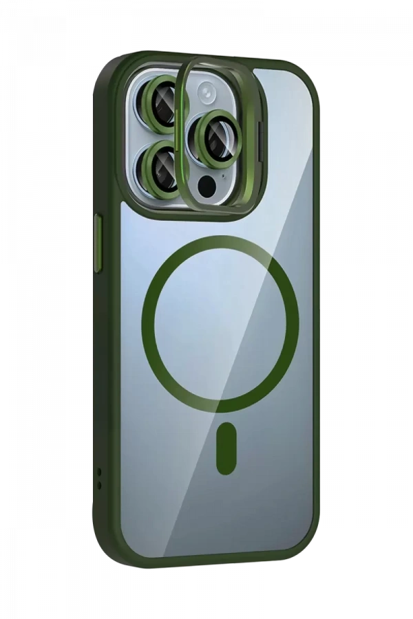 Apple iPhone 15 Pro Max Remim Lensli Magsafe Standlı Kapak - Koyu Yeşil