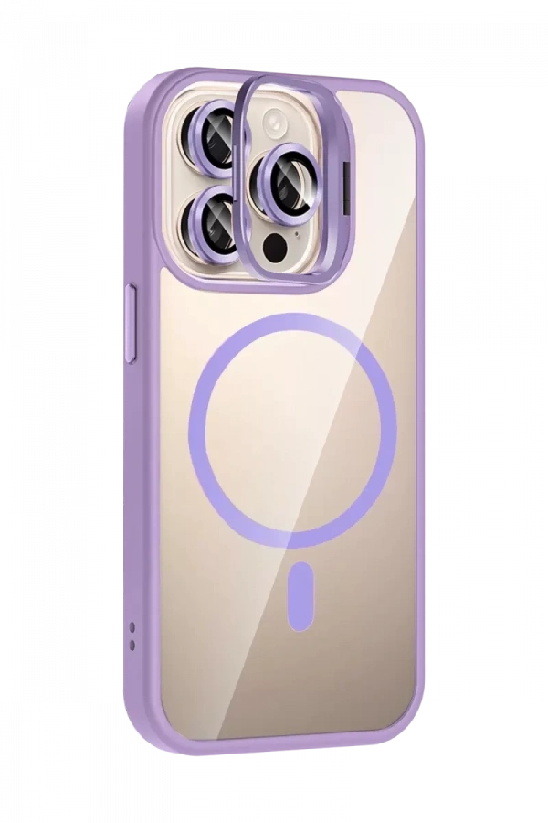 Apple iPhone 15 Pro Max Remim Lensli Magsafe Standlı Kapak - Lila