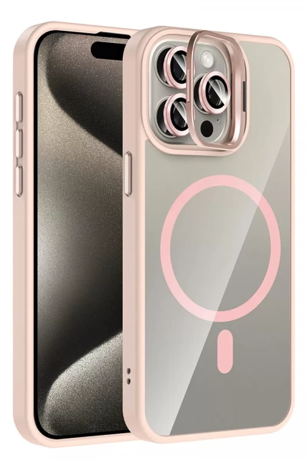 Apple iPhone 15 Pro Max Remim Lensli Magsafe Standlı Kapak - Pembe
