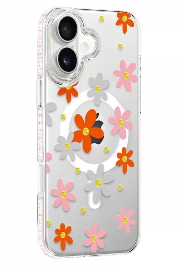 Apple iPhone 16 Floral Magsafe Kapak - Turuncu