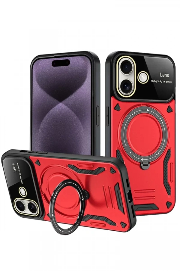 Apple iPhone 16 Kılıf Joy Lens Standlı Kapak - Kırmızı