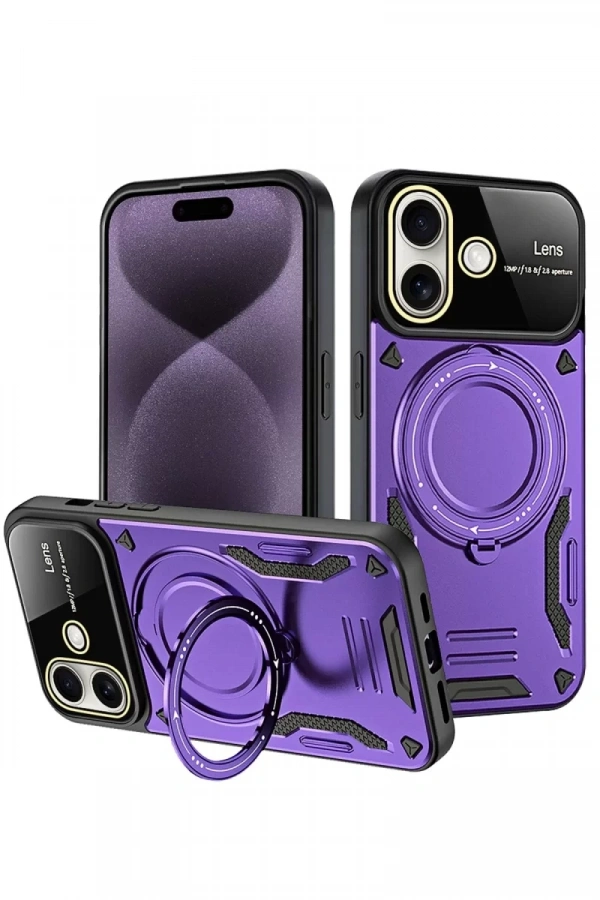 Apple iPhone 16 Kılıf Joy Lens Standlı Kapak - Mor