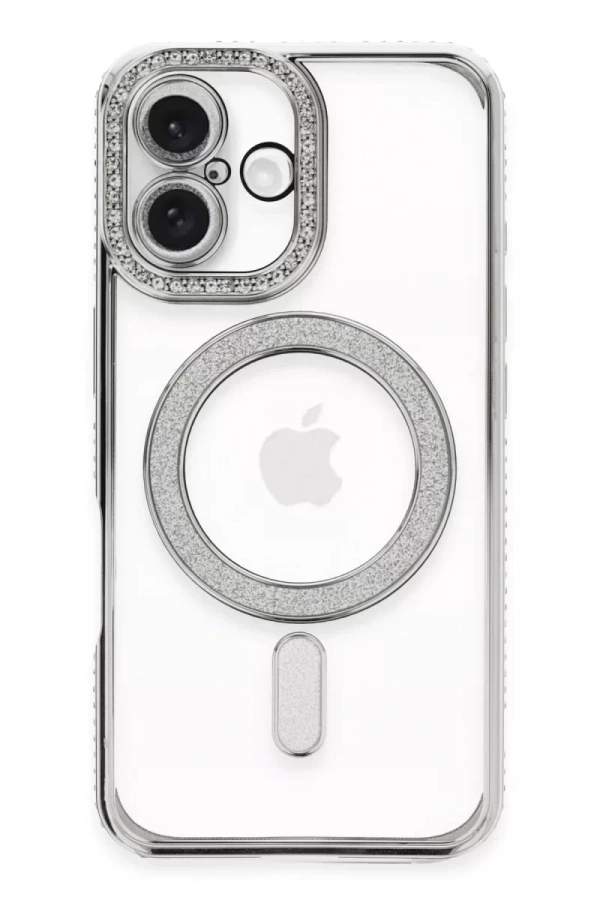 Apple iPhone 16 Plus Kılıf Joke Simli Magneticsafe Kılıf - Gümüş