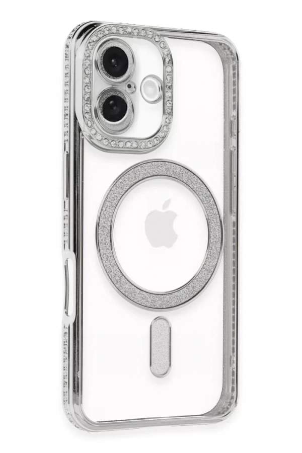 Apple iPhone 16 Plus Kılıf Joke Simli Magneticsafe Kılıf - Gümüş