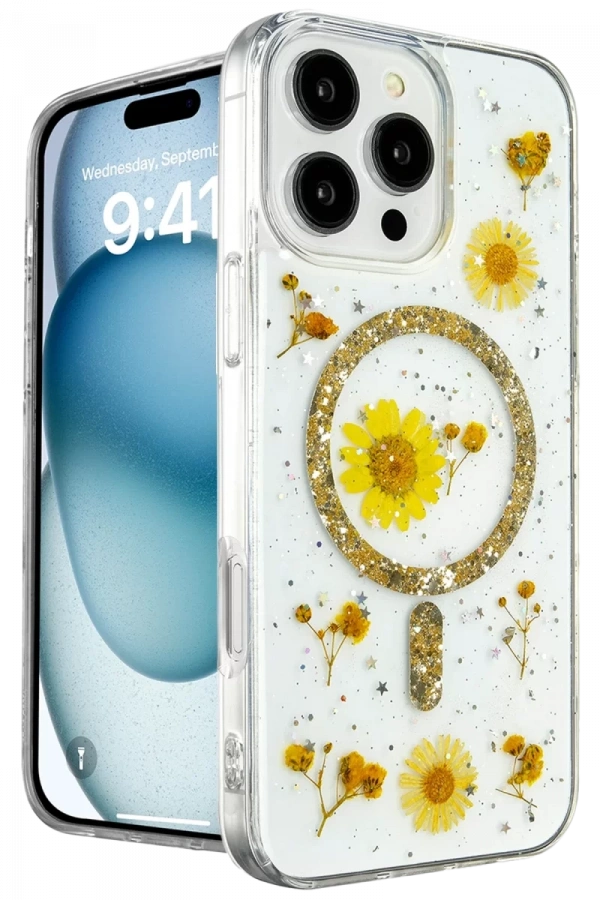 Apple iPhone 16 Pro Kılıf Daisy Simli Magsafe Kapak - Gold