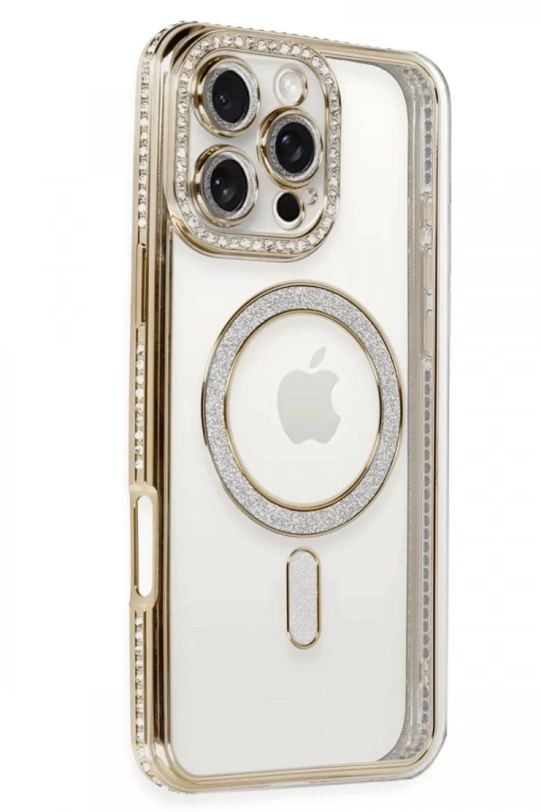 Apple iPhone 16 Pro Kılıf Joke Simli Magneticsafe Kılıf - Gold
