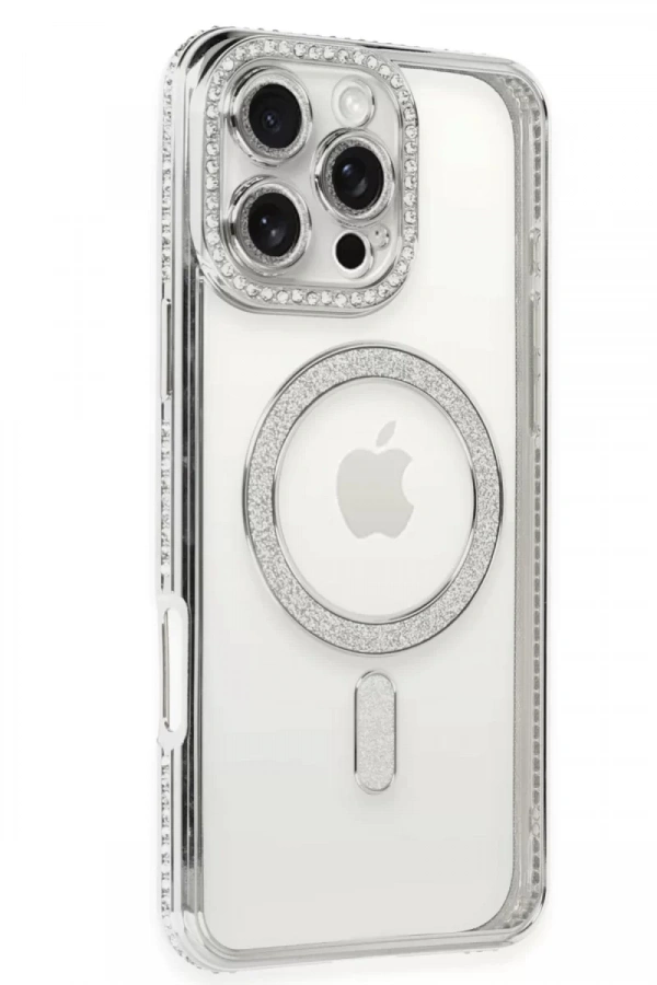 Apple iPhone 16 Pro Kılıf Joke Simli Magneticsafe Kılıf - Gümüş