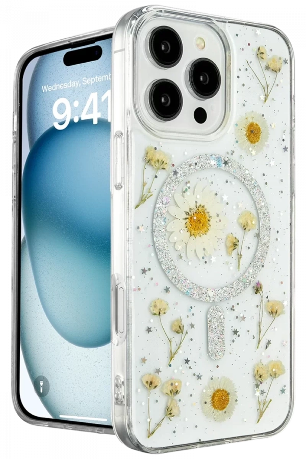 Apple iPhone 16 Pro Max Kılıf Daisy Simli Magsafe Kapak - Gümüş