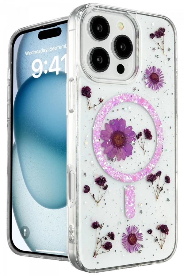 Apple iPhone 16 Pro Max Kılıf Daisy Simli Magsafe Kapak - Mor