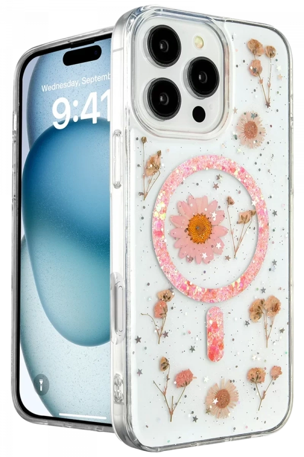 Apple iPhone 16 Pro Max Kılıf Daisy Simli Magsafe Kapak - Pembe