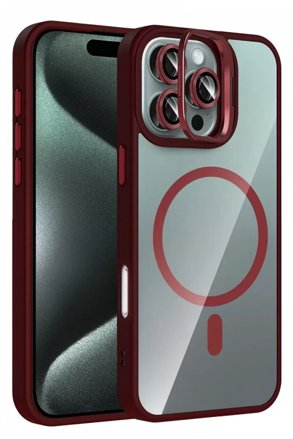 Apple iPhone 16 Pro Max Remim Lensli Magsafe Standlı Kapak - Bordo