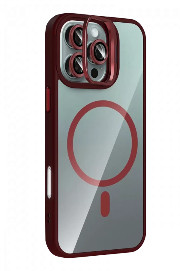 Apple iPhone 16 Pro Max Remim Lensli Magsafe Standlı Kapak - Bordo