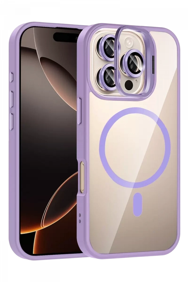 Apple iPhone 16 Pro Max Remim Lensli Magsafe Standlı Kapak - Lila