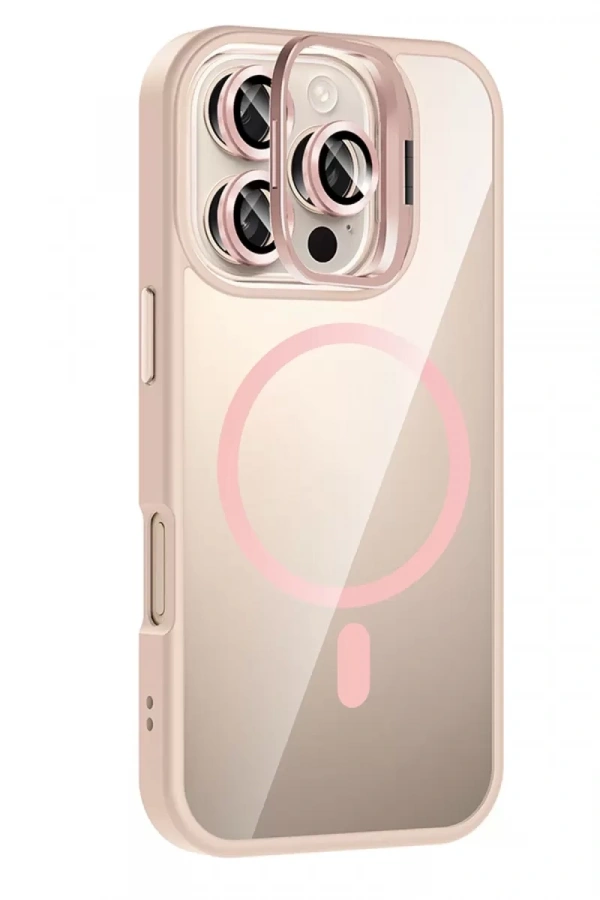 Apple iPhone 16 Pro Remim Lensli Magsafe Standlı Kapak - Pembe