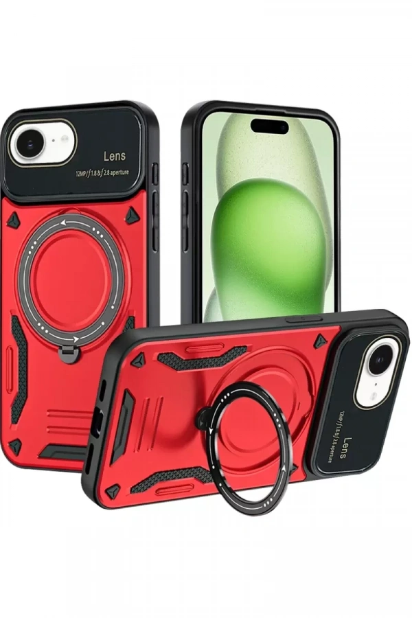Apple iPhone 16E Kılıf Joy Lens Standlı Kapak - Kırmızı