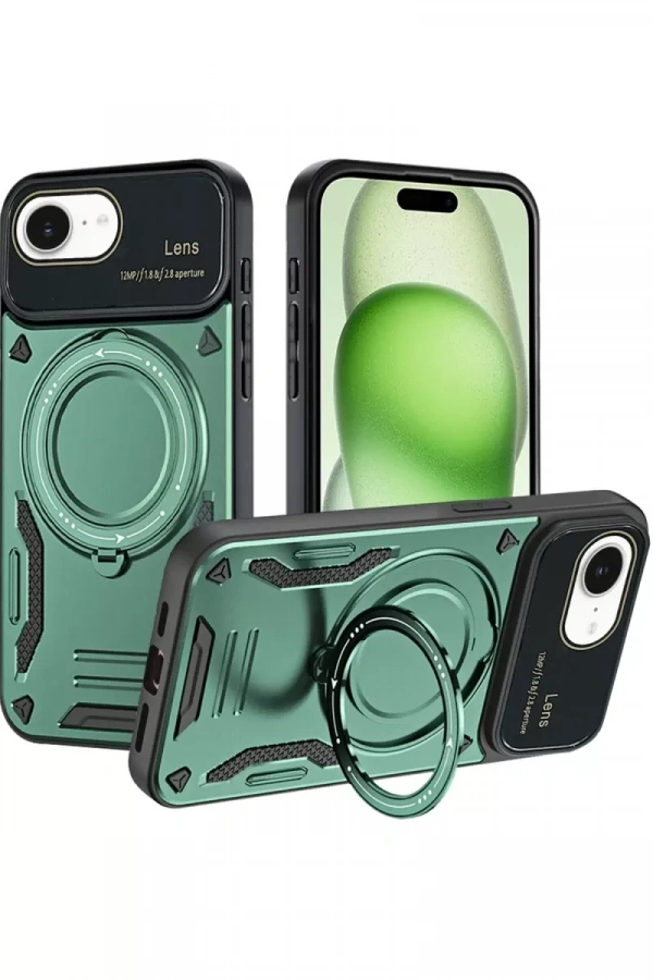 Apple iPhone 16E Kılıf Joy Lens Standlı Kapak - Koyu Yeşil
